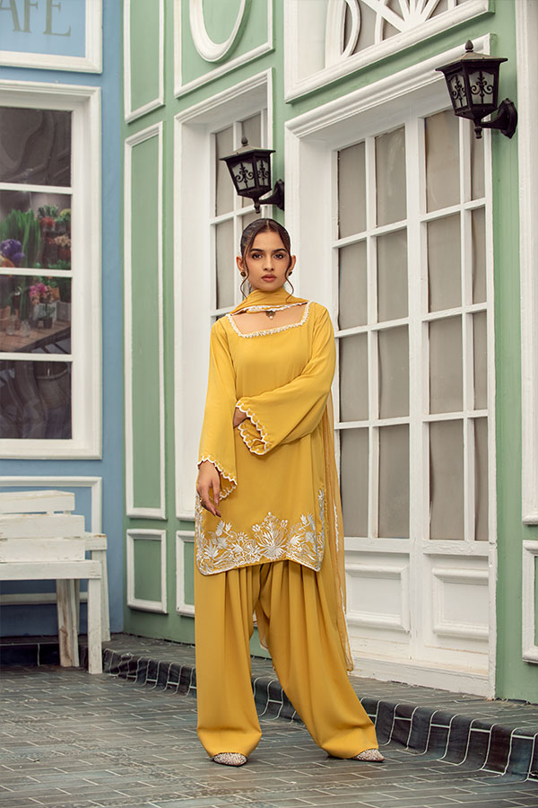 Mustard Elegance – Embroidered Chiffon Ensemble