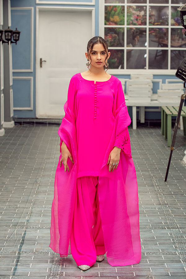 Fuchsia Charm – Cutwork Chiffon Ensemble
