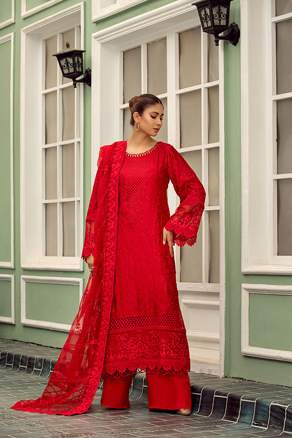 Crimson Red Organza Embroidered Ensemble